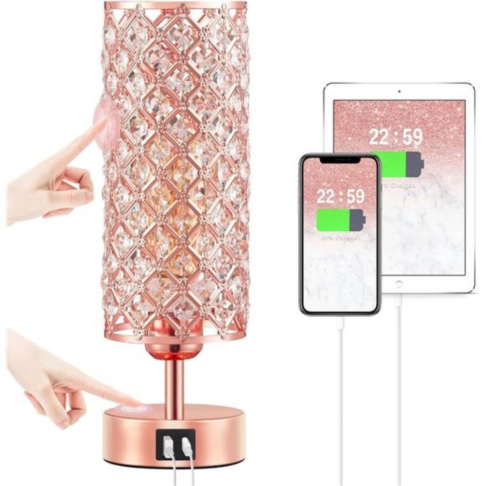 Crystal Table Lamp, Rose Gold Lamp with USB C+A Ports, 3 Way Dimmable Light